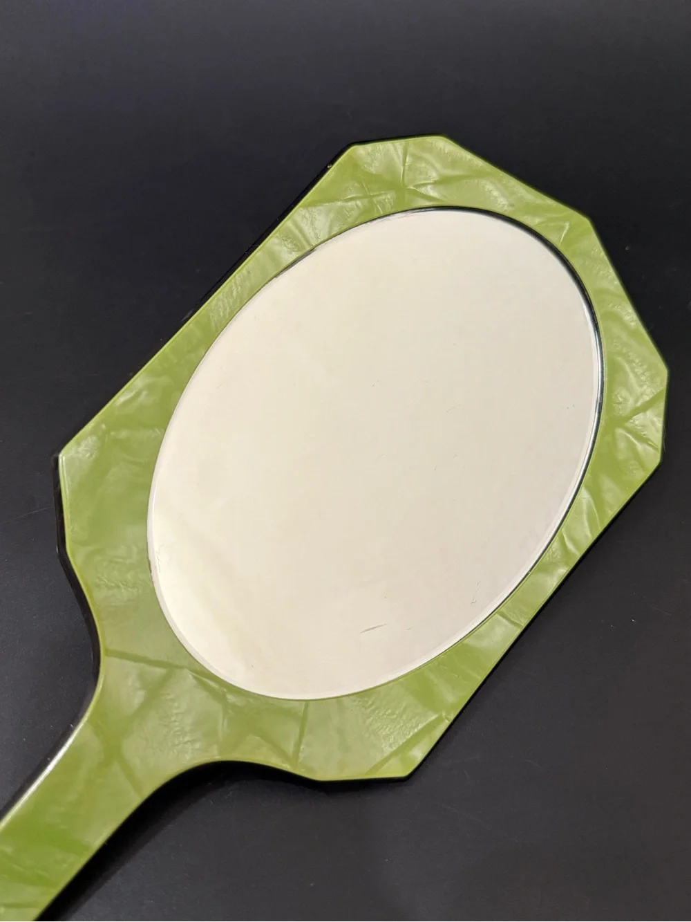 Vintage Art Deco Pearlized Lime Green Celluloid or Lucite Hand Held Mirror